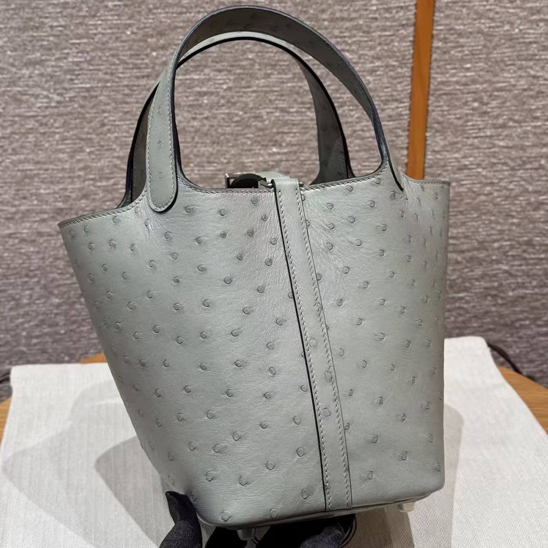 Hermes Picotin Lock 18 CM Bag Handmade In KK Ostrich Leather from South Africa Silver Hardware 8U Blue Glacier - Image 2