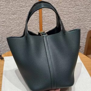 Hermes Picotin Lock 18 CM Bag Handmade In Taurillon Clemence Leather and Matte Alligator Gold Hardware 6O Vert Cypres - Image 2