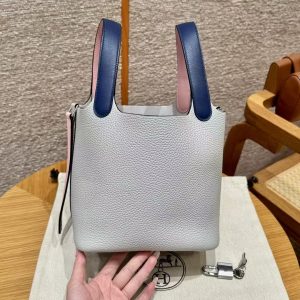 Hermes Picotin Lock 18 CM Bag Handmade In Taurillon Clemence Leather and Swift Silver Hardware 08 Blue Pale 3Q Rose Sakura 73 Blue Saphir - Image 2