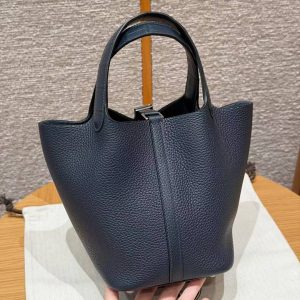 Hermes Picotin Lock 18 CM Bag Handmade In Taurillon Clemence Leather Matte Alligator Silver Hardware 2Z Blue Niut - Image 2