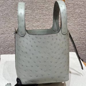 Hermes Picotin Lock 18 CM Bag Handmade In KK Ostrich Leather from South Africa Silver Hardware 8U Blue Glacier - Image 17