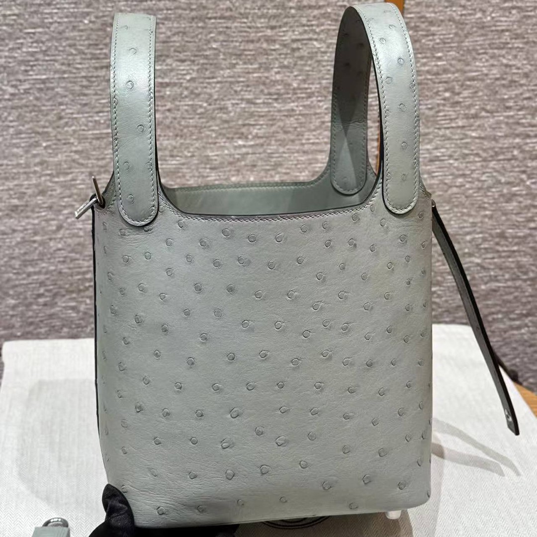 Hermes Picotin Lock 18 CM Bag Handmade In KK Ostrich Leather from South Africa Silver Hardware 8U Blue Glacier - Image 17