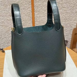 Hermes Picotin Lock 18 CM Bag Handmade In Taurillon Clemence Leather and Matte Alligator Gold Hardware 6O Vert Cypres - Image 18