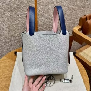Hermes Picotin Lock 18 CM Bag Handmade In Taurillon Clemence Leather and Swift Silver Hardware 08 Blue Pale 3Q Rose Sakura 73 Blue Saphir - Image 14