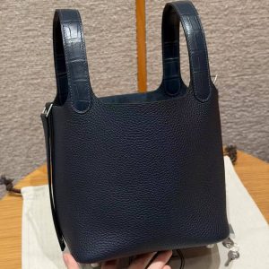 Hermes Picotin Lock 18 CM Bag Handmade In Taurillon Clemence Leather Matte Alligator Silver Hardware 2Z Blue Niut - Image 15