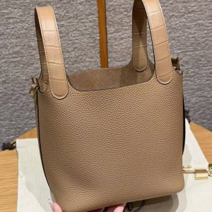 Hermes Picotin Lock 18 CM Bag Handmade In Taurillon Clemence Leather And Matte Alligator Crocodile Gold Hardware 0M Chai - Image 20