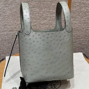 Hermes Picotin Lock 18 CM Bag Handmade In KK Ostrich Leather from South Africa Silver Hardware 8U Blue Glacier - Image 16