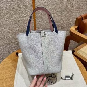 Hermes Picotin Lock 18 CM Bag Handmade In Taurillon Clemence Leather and Swift Silver Hardware 08 Blue Pale 3Q Rose Sakura 73 Blue Saphir - Image 13