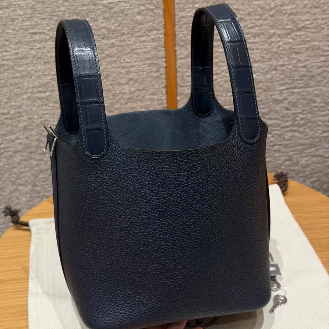 Hermes Picotin Lock 18 CM Bag Handmade In Taurillon Clemence Leather Matte Alligator Silver Hardware 2Z Blue Niut - Image 14