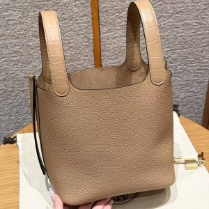 Hermes Picotin Lock 18 CM Bag Handmade In Taurillon Clemence Leather And Matte Alligator Crocodile Gold Hardware 0M Chai - Image 19