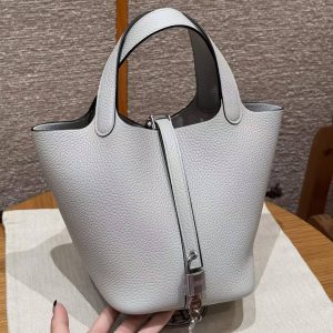 Hermes Picotin Lock 18 CM Bag Handmade In Taurillon Clemence Leather Sliver Hardware 08 Blue Pale