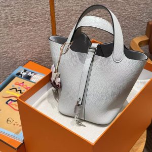 Hermes Picotin Lock 18 CM Bag Handmade In Taurillon Clemence Leather Sliver Hardware 08 Blue Pale - Image 13