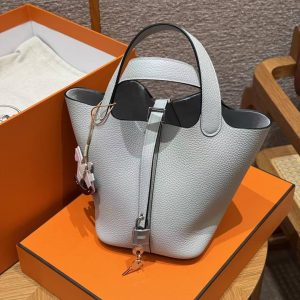 Hermes Picotin Lock 18 CM Bag Handmade In Taurillon Clemence Leather Sliver Hardware 08 Blue Pale - Image 12