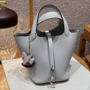 Hermes Picotin Lock 18 CM Bag Handmade In Taurillon Clemence Leather Sliver Hardware 08 Blue Pale - Image 11