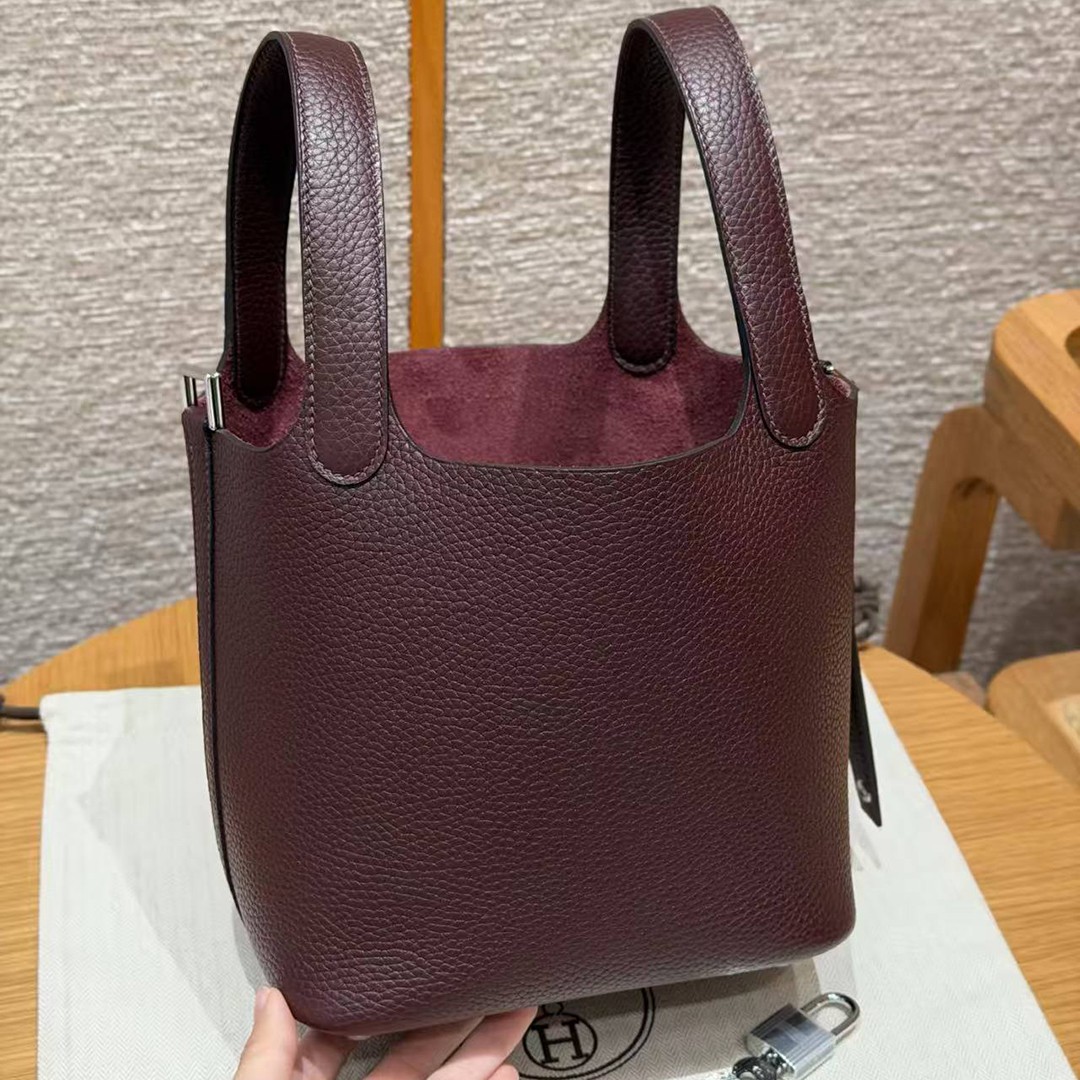 Hermes Picotin Lock 18 CM Bag Handmade In Taurillon Clemence Leather Silver Hardware 0G Rouge Seller - Image 18
