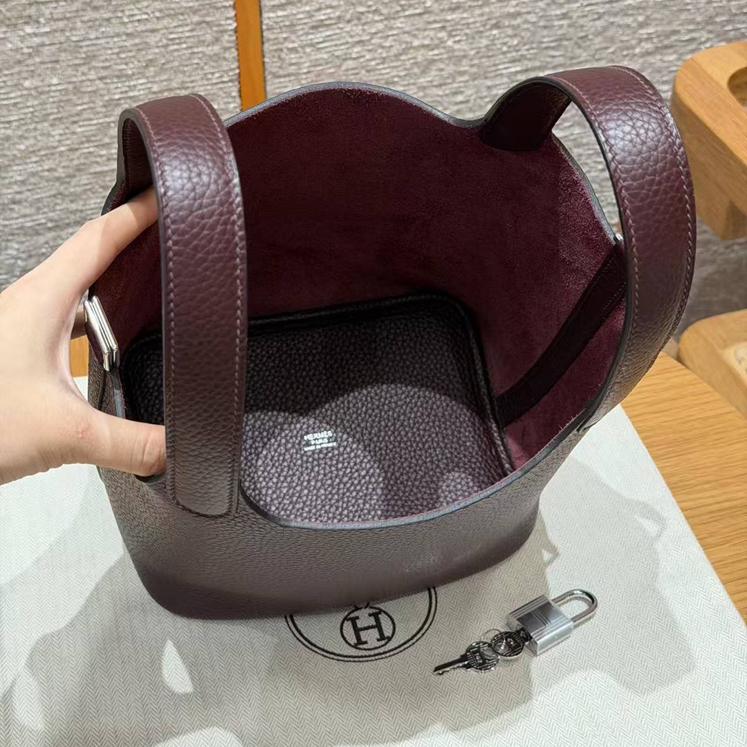 Hermes Picotin Lock 18 CM Bag Handmade In Taurillon Clemence Leather Silver Hardware 0G Rouge Seller - Image 16