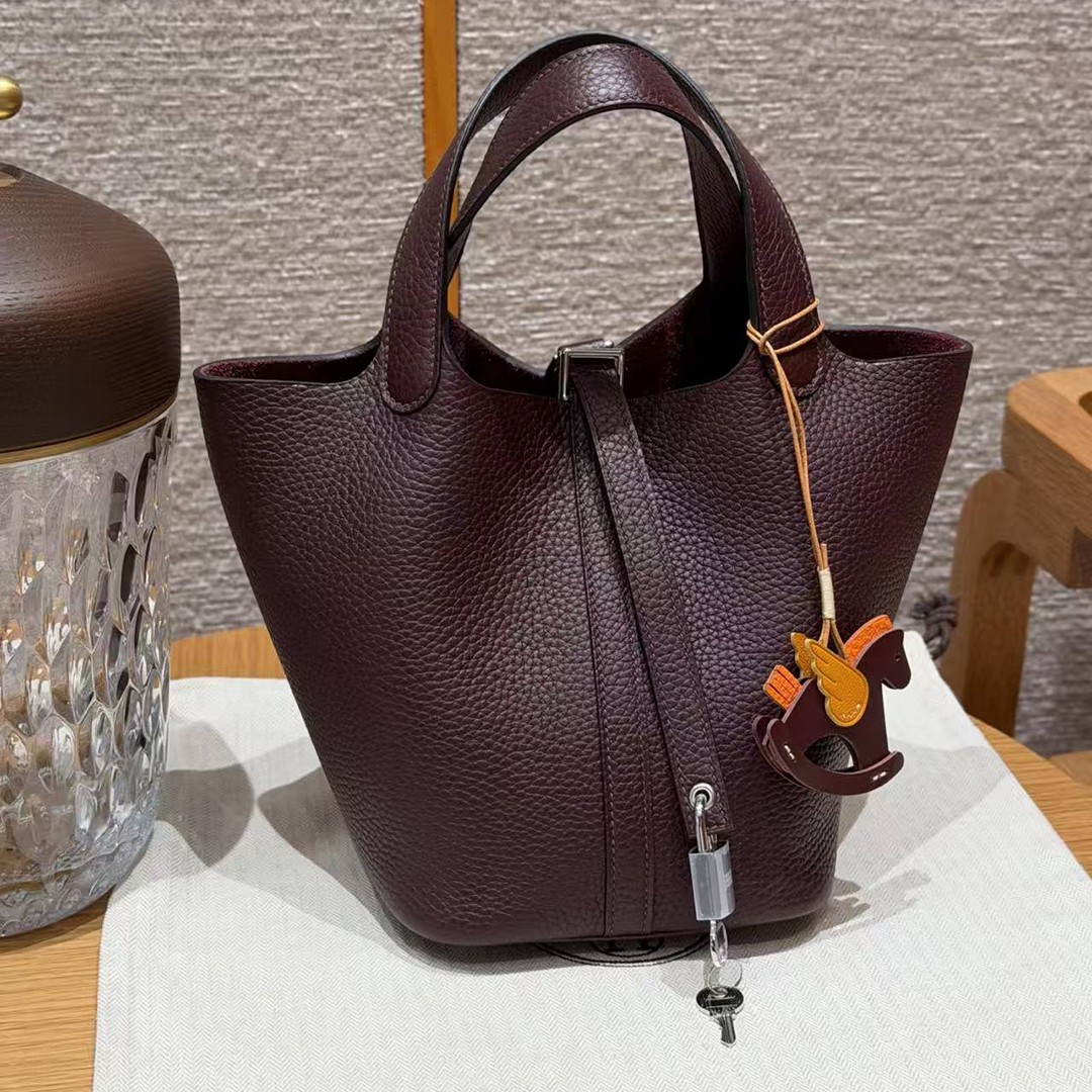 Hermes Picotin Lock 18 CM Bag Handmade In Taurillon Clemence Leather Silver Hardware 0G Rouge Seller - Image 12