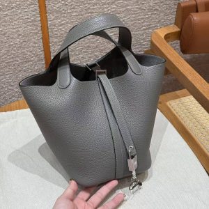 Hermes Picotin Lock 18 CM Bag Handmade In Taurillon Clemence Leather Silver Hardware 0L Gris Meyer - Image 2