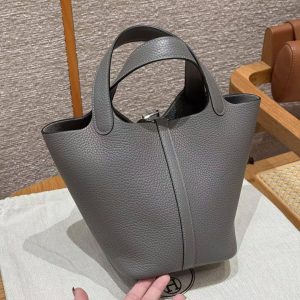 Hermes Picotin Lock 18 CM Bag Handmade In Taurillon Clemence Leather Silver Hardware 0L Gris Meyer - Image 15