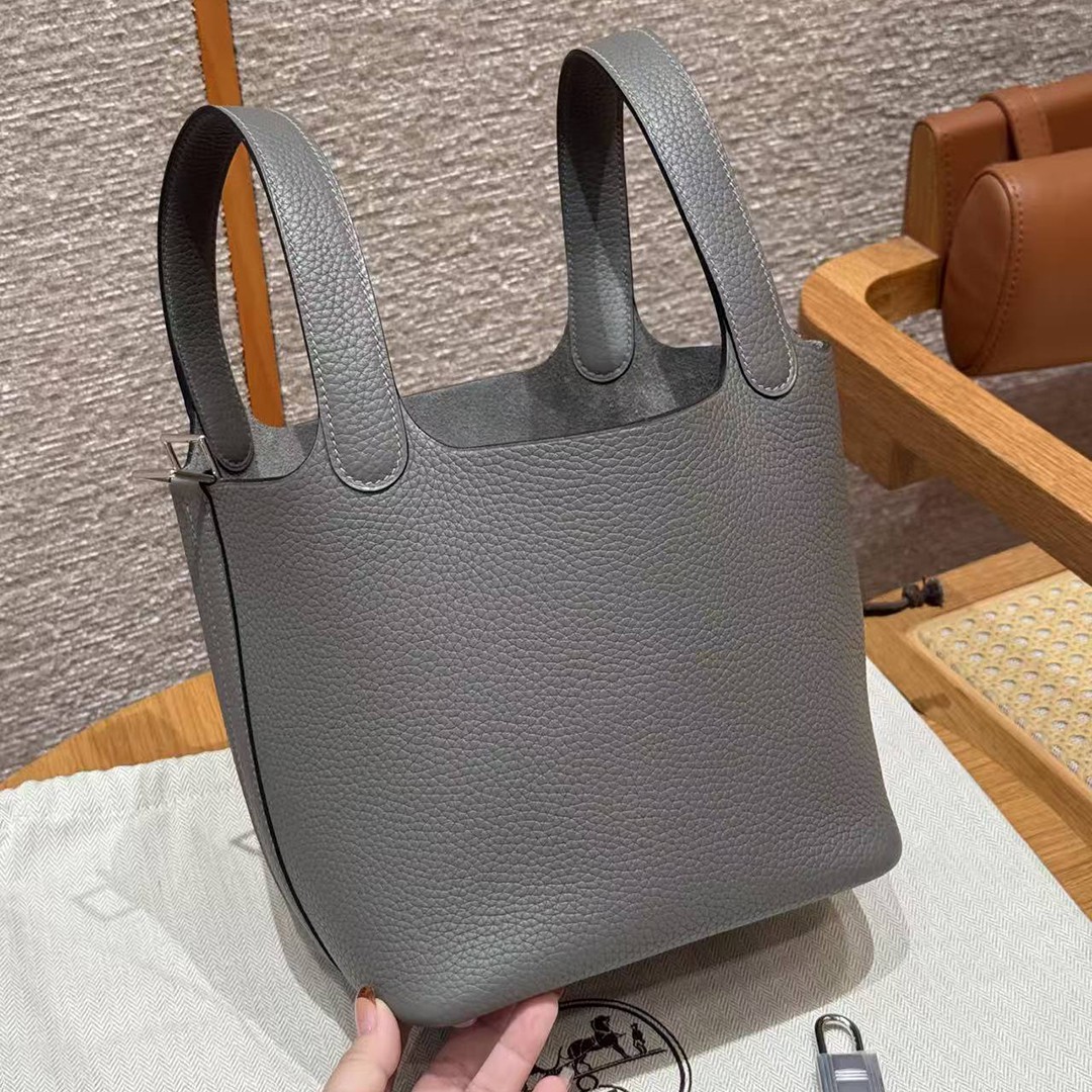 Hermes Picotin Lock 18 CM Bag Handmade In Taurillon Clemence Leather Silver Hardware 0L Gris Meyer - Image 14