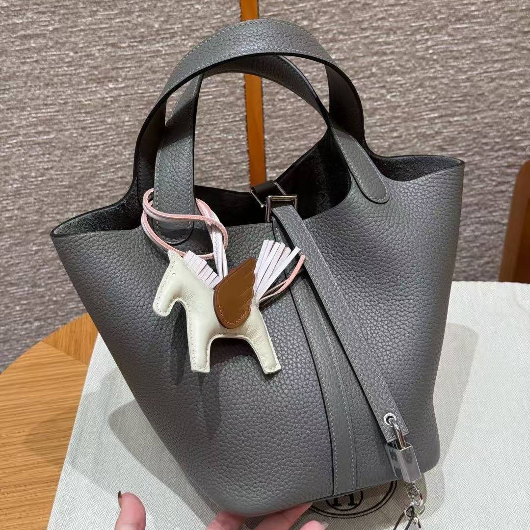 Hermes Picotin Lock 18 CM Bag Handmade In Taurillon Clemence Leather Silver Hardware 0L Gris Meyer