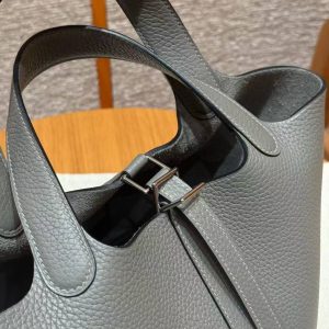 Hermes Picotin Lock 18 CM Bag Handmade In Taurillon Clemence Leather Silver Hardware 0L Gris Meyer - Image 6