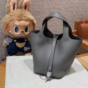 Hermes Picotin Lock 18 CM Bag Handmade In Taurillon Clemence Leather Silver Hardware 0L Gris Meyer - Image 3