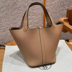 Hermes Picotin Lock 18 CM Bag Handmade In Taurillon Clemence Leather Silver Hardware 0M Chai - Image 2