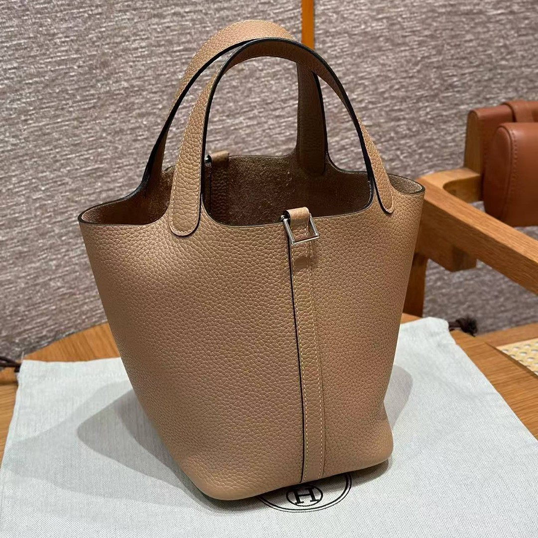 Hermes Picotin Lock 18 CM Bag Handmade In Taurillon Clemence Leather Silver Hardware 0M Chai - Image 12