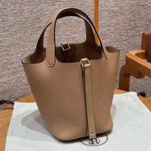 Hermes Picotin Lock 18 CM Bag Handmade In Taurillon Clemence Leather Silver Hardware 0M Chai - Image 11