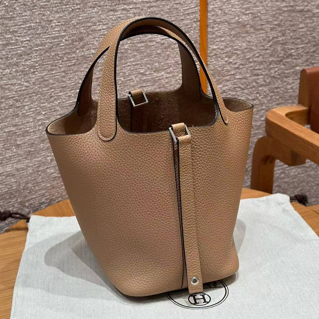 Hermes Picotin Lock 18 CM Bag Handmade In Taurillon Clemence Leather Silver Hardware 0M Chai - Image 11