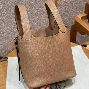 Hermes Picotin Lock 18 CM Bag Handmade In Taurillon Clemence Leather Silver Hardware 0M Chai - Image 9