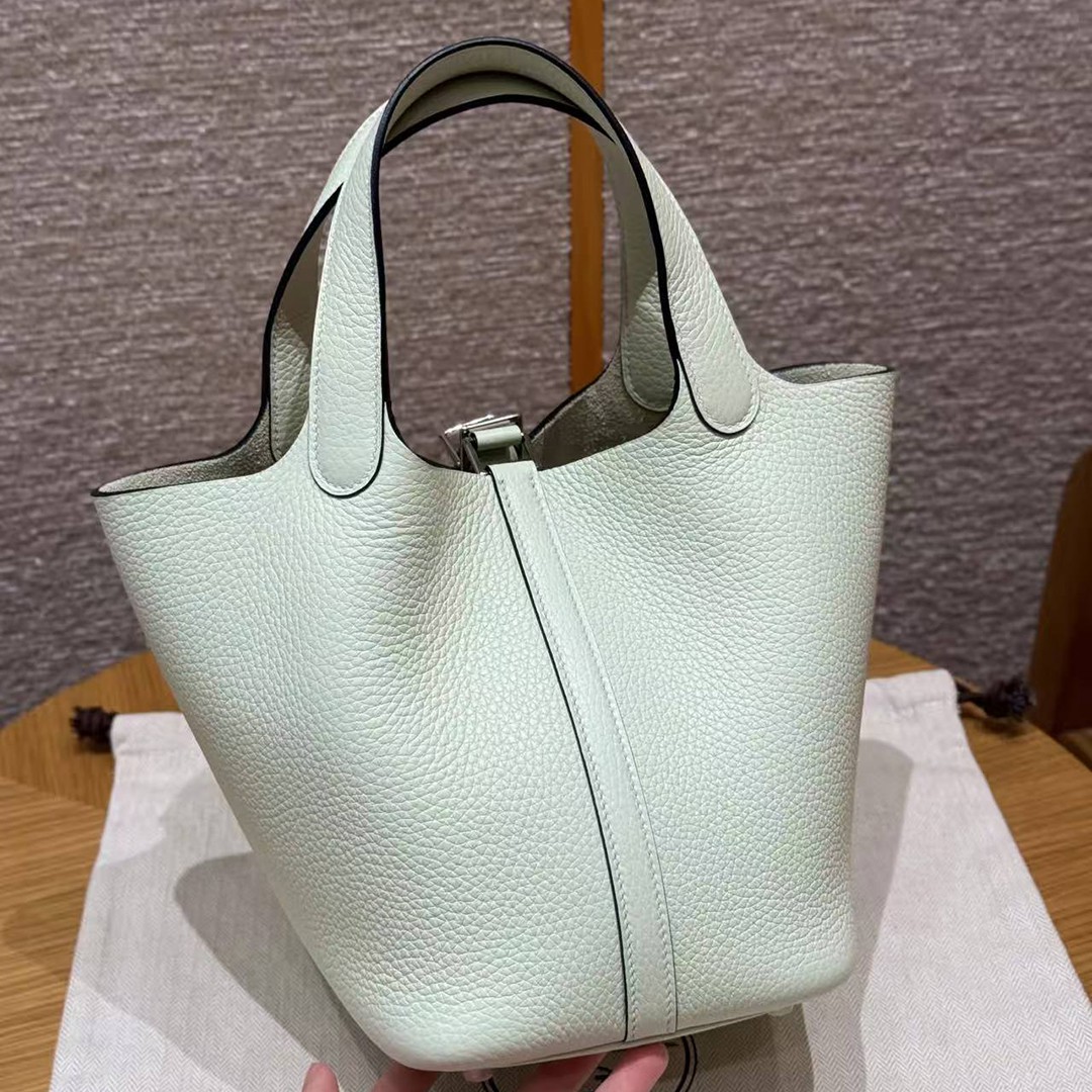 Hermes Picotin Lock 18 CM Bag Handmade In Taurillon Clemence Leather Silver Hardware 0S Vert Fizz - Image 2