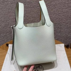 Hermes Picotin Lock 18 CM Bag Handmade In Taurillon Clemence Leather Silver Hardware 0S Vert Fizz - Image 18