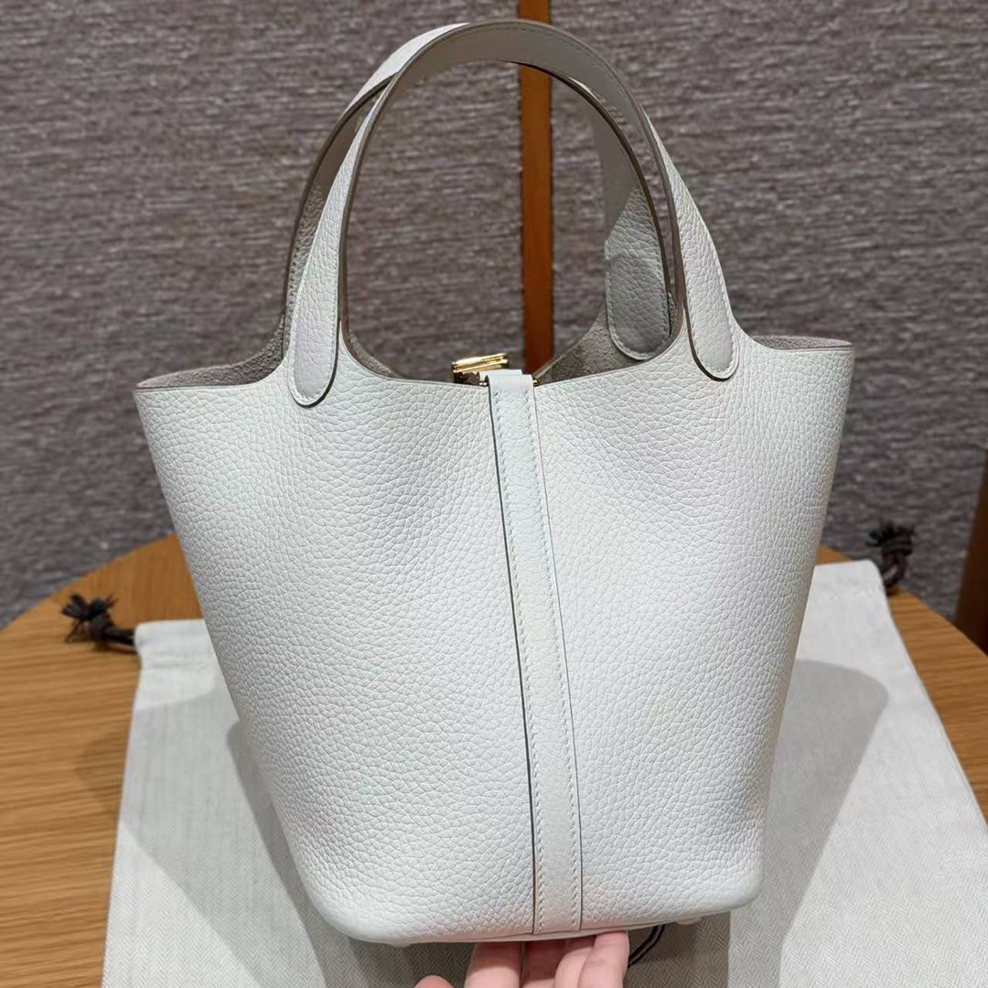 Hermes Picotin Lock 18 CM Bag Handmade In Taurillon Clemence Leather Gold Hardware 0T Mushroom - Image 2
