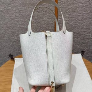 Hermes Picotin Lock 18 CM Bag Handmade In Taurillon Clemence Leather Gold Hardware 0T Mushroom - Image 14