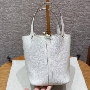 Hermes Picotin Lock 18 CM Bag Handmade In Taurillon Clemence Leather Gold Hardware 0T Mushroom - Image 13