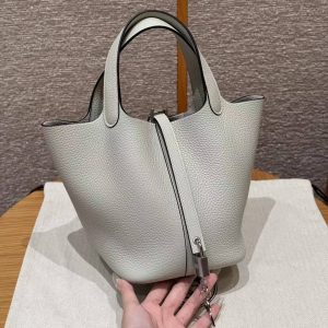 Hermes Picotin Lock 18 CM Bag Handmade In Taurillon Clemence Leather Silver Hardware 0W Gris Neve