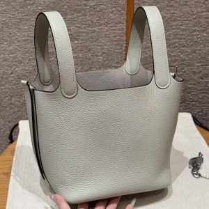 Hermes Picotin Lock 18 CM Bag Handmade In Taurillon Clemence Leather Silver Hardware 0W Gris Neve - Image 15