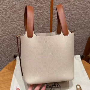 Hermes Picotin Lock 18 CM Bag Handmade In Taurillon Clemence Leather Swift Gold Hardware 10 Craie 37 Gold - Image 14
