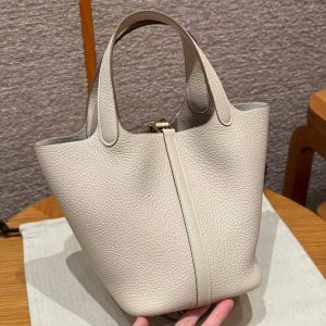 Hermes Picotin Lock 18 CM Bag Handmade In Taurillon Clemence Leather Gold Hardware 10 Craie - Image 2