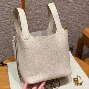 Hermes Picotin Lock 18 CM Bag Handmade In Taurillon Clemence Leather Gold Hardware 10 Craie - Image 15