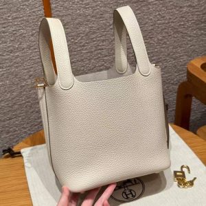 Hermes Picotin Lock 18 CM Bag Handmade In Taurillon Clemence Leather Gold Hardware 10 Craie - Image 14