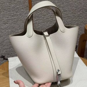 Hermes Picotin Lock 18 CM Bag Handmade In Taurillon Clemence Leather Silver Hardware 10 Craie
