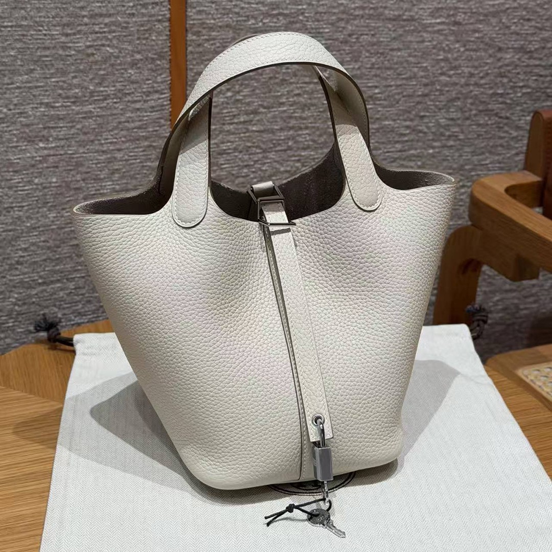 Hermes Picotin Lock 18 CM Bag Handmade In Taurillon Clemence Leather Silver Hardware 10 Craie - Image 7