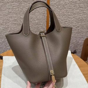 Hermes Picotin Lock 18 CM Bag Handmade In Taurillon Clemence Leather Gold Hardware 18 Etoupe