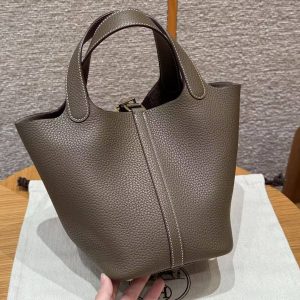 Hermes Picotin Lock 18 CM Bag Handmade In Taurillon Clemence Leather Gold Hardware 18 Etoupe - Image 2