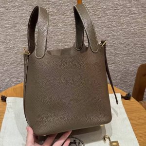 Hermes Picotin Lock 18 CM Bag Handmade In Taurillon Clemence Leather Gold Hardware 18 Etoupe - Image 18