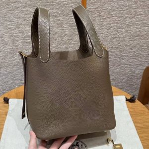 Hermes Picotin Lock 18 CM Bag Handmade In Taurillon Clemence Leather Gold Hardware 18 Etoupe - Image 17