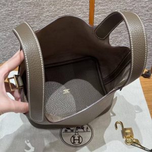 Hermes Picotin Lock 18 CM Bag Handmade In Taurillon Clemence Leather Gold Hardware 18 Etoupe - Image 15